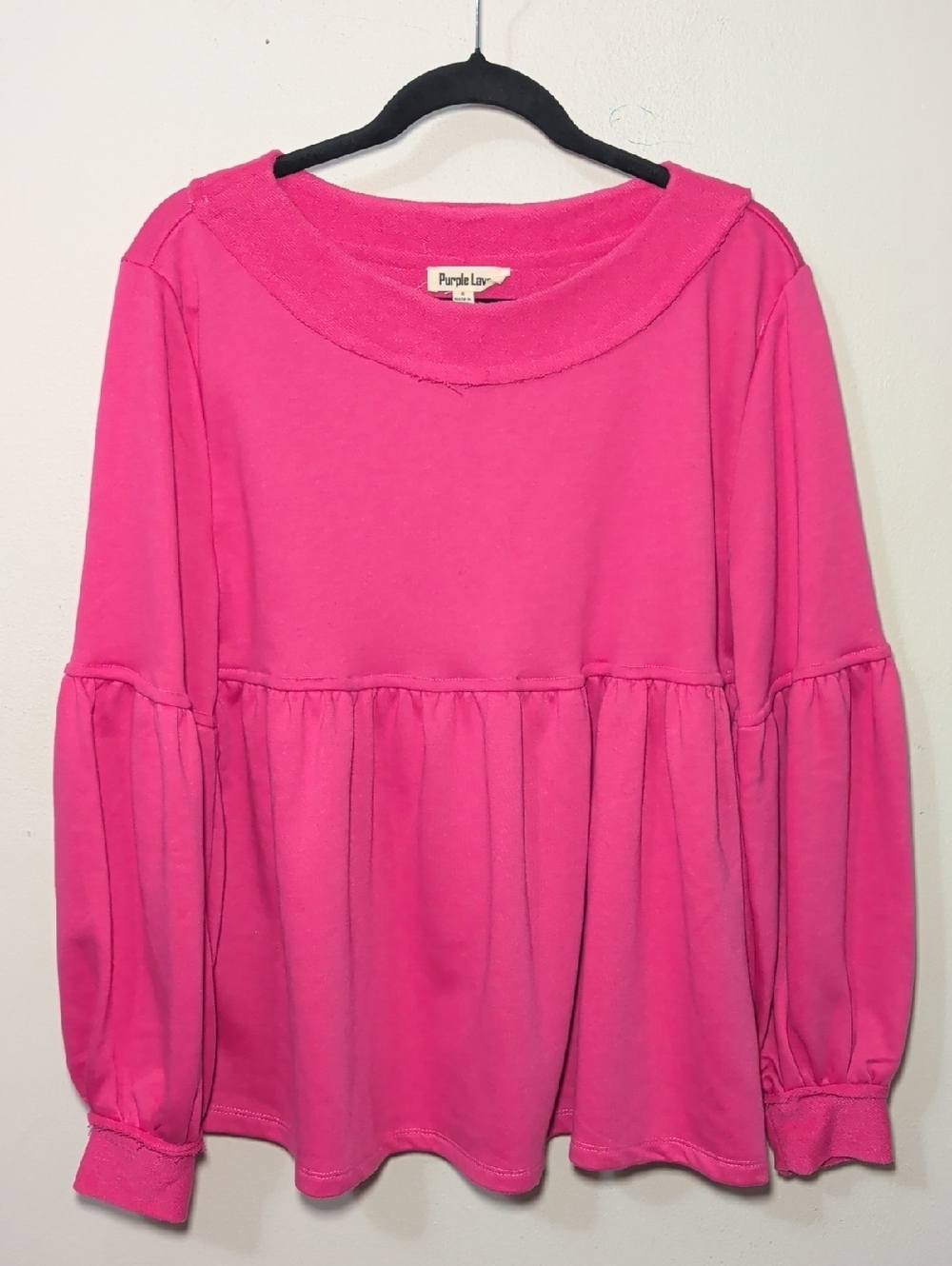 Purple Lava Hot Babydoll Sweatshirt Hot Pink Bishop Sleeve Peplum Women's Size S